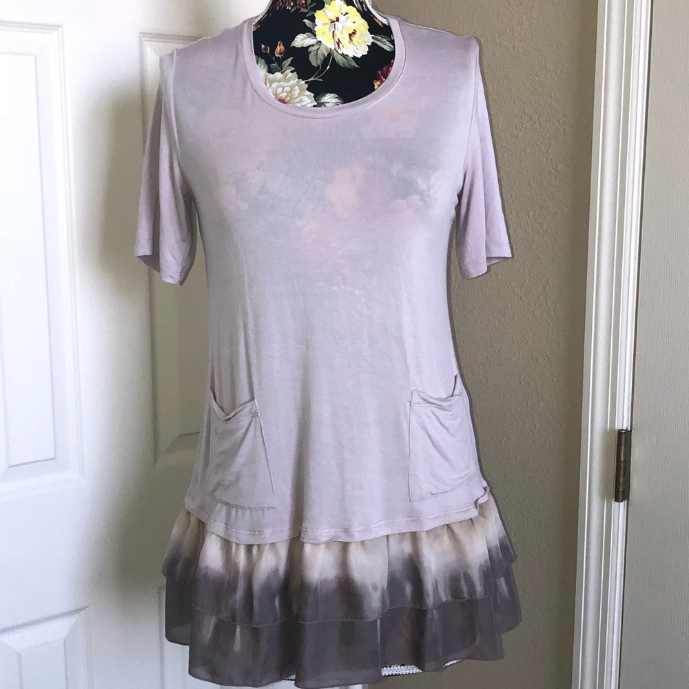 LOGO Lilac short sleeve pocket tunic lace trim SzS